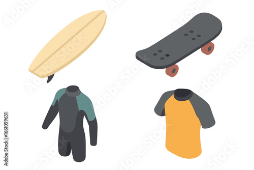 Isometric surf and skate culture icon set. Vector illustration of surfboard, skateboard, wetsuit, and rash guard. Summer beach sports equipment for active lifestyle concept.