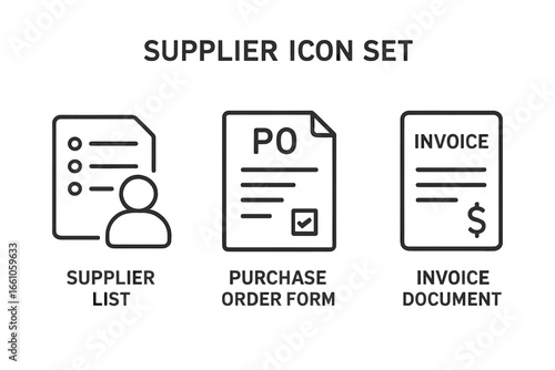 Supplier icon set for procurement and supply chain management. Vector line icons of supplier list, purchase order form, and invoice document. Business and finance concept.