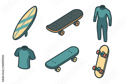 Isometric surf and skate icon set. Vector illustration of summer beach culture elements. Surfing and skateboarding equipment like surfboard, skateboard, wetsuit and rash guard.