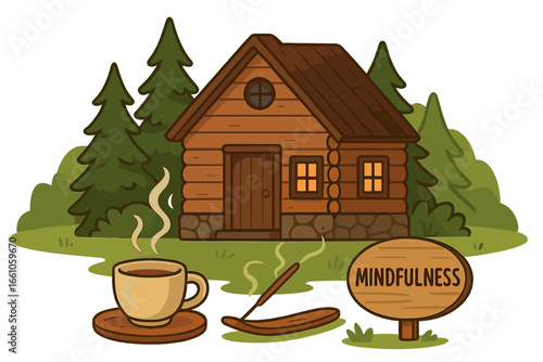 Mindfulness retreat concept with cozy log cabin in forest. Serene nature setting with hot tea and incense for meditation, relaxation, and mental health. Vector cartoon illustration.