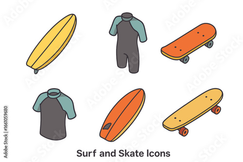 Surf and skate culture isometric icon set. Summer beach lifestyle vector graphics with surfboard, skateboard, wetsuit, and rash guard. Extreme water sports and urban activity.