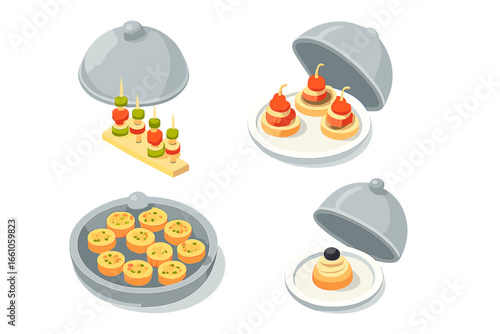 Catering service isometric icon set. Flat vector illustration of hors d'oeuvre skewers, canapé plate, mini quiche tray. Buffet food for party, event, or restaurant.