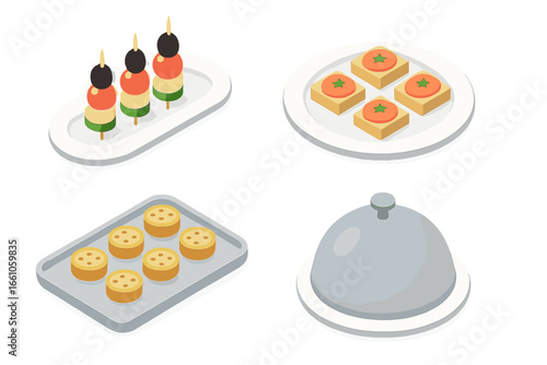 Catering service isometric icon set. Vector flat design food appetizers, hors d'oeuvres skewers, canapés, mini quiches on trays and cloche for events, banquets or parties.