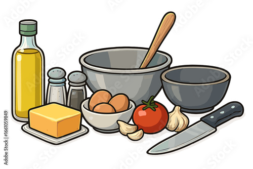 Cooking ingredients and kitchen tools for food preparation. Vector illustration concept for a recipe. Fresh food set with oil, egg, tomato, garlic, butter, salt, and pepper.