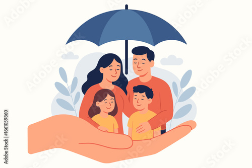 Family life insurance and healthcare concept. Metaphor for protection, safety and support. Giant hand holding parents and children under an umbrella. Financial risk coverage.