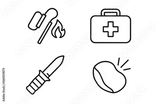 Survival skills line icon set. Essential emergency and outdoor adventure gear. Vector outline illustration of first aid kit, fire starter, flint stone, and survival knife.
