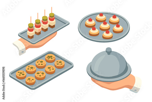 Catering service isometric icon set. Food delivery and event assortment. Hand holding tray with hors d'oeuvre, canapé skewer, mini quiche and serving cloche. Vector illustration.