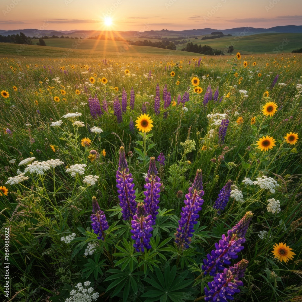 Fototapeta premium Vibrant Wildflower Field at Sunrise