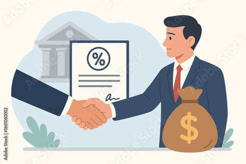 Loan agreement to borrow money from a bank. Mortgage, debt or obligation to pay back with interest rate. Personal loan or financial support concept. Businessman shaking hands.