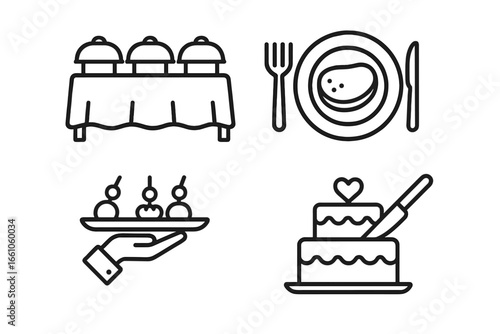 Catering service line icon set. Food delivery and event planning symbols. Buffet table, plated meal, hors d'oeuvres, and wedding cake cutting vector icons for web and print.