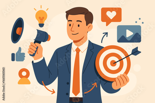 Marketing manager with megaphone planning a promotion campaign. Concept for online advertising, social media content, and branding communication. Reaching target audience for business.