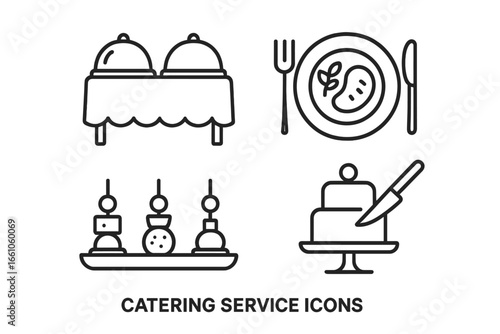 Catering service line icon set for events. Vector outline symbols for buffet table, plated meal, hors d'oeuvres tray, and wedding cake cutting for restaurant or banquet menu design.