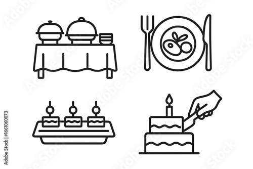 Catering service line icon set. Buffet table, plated meal, hors d'oeuvre tray, cake cutting for party. Food service, banquet, wedding, celebration, restaurant vector icons.