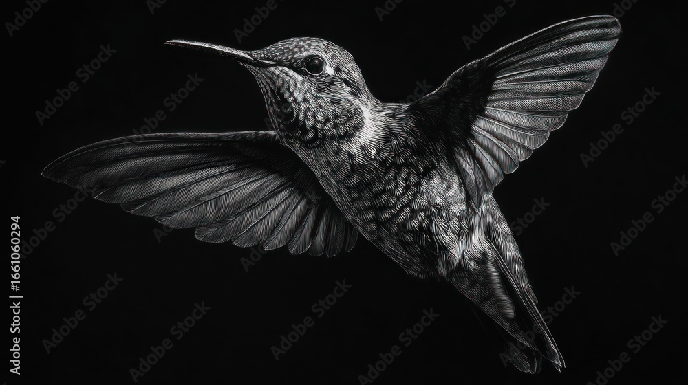 Obraz premium Monochrome hummingbird, wings spread against a stark black background