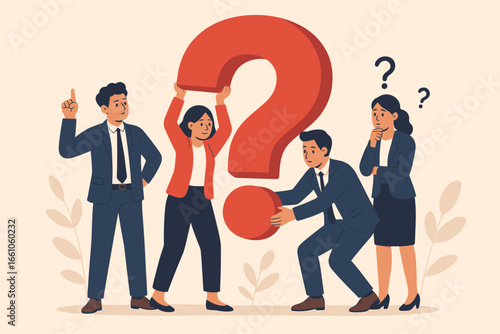 Problem solving concept. Business team collaboration, finding a solution together. Teamwork to answer a question and overcome a challenge. Brainstorming, idea and confusion.