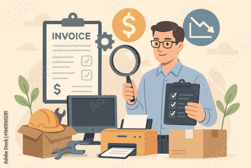 Procurement and asset management concept. Manager auditing invoices for company equipment and services. Business purchasing, price checking, depreciation, and financial control.