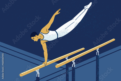 Gymnast performing dynamic maneuvers, showcasing strength, agility, balance on parallel bars, athleticism, power, control, precision, muscle, focus, determination.