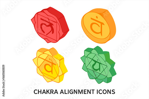 Colorful Isometric Chakra Alignment Icons Set. Root, Sacral, Solar Plexus, Heart Chakras. Flat Vector Illustration. Spiritual Balance, Energy Healing Symbols, Meditation, Yoga, Wellness Design
