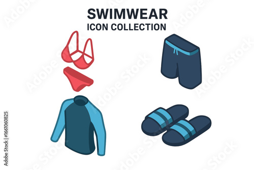Isometric Vector Swimwear Icon Collection, Bikini, Swim Trunks, Rash Guard, Pool Sandals. Flat Pool Attire Set, Summer Beach Clothing, Swimming Outfit, Modern Graphic Illustrations, Isolated Bundle