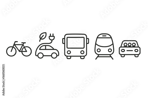Sustainable transportation icons outline set. Vector eco transport collection with bicycle, electric car, public bus, train, carpool vehicle. Modern urban mobility symbols, clean green energy travel.