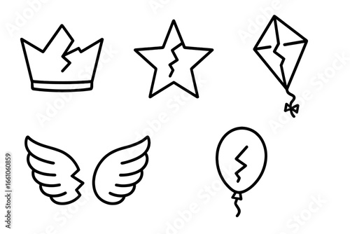 Broken Dreams Icons Vector Set. Cracked Crown, Shattered Star, Torn Kite, Broken Wings, Deflated Balloon. Outline Symbols of Failure, Loss, Disappointment, Sadness, Hope, Recovery, Emotional Concept