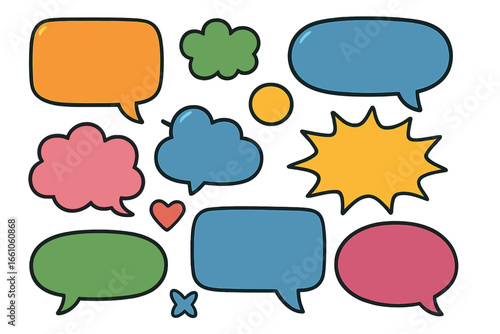 Set of colorful speech bubbles. Hand drawn doodle comic style talk balloons. Chat, message, dialogue, communication, quote box. Vector design elements. Thinking cloud concept.