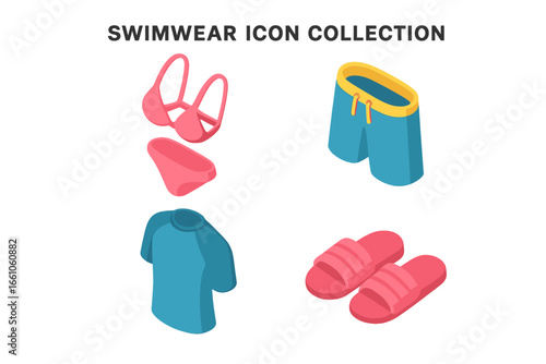Isometric Swimwear Icon Set. Flat Vector Collection of Beachwear, Pool Attire, Bikini, Swim Trunks, Rash Guard Shirt, Pool Sandals, Summer Clothes, Vacation Essentials, Water Sports Gear
