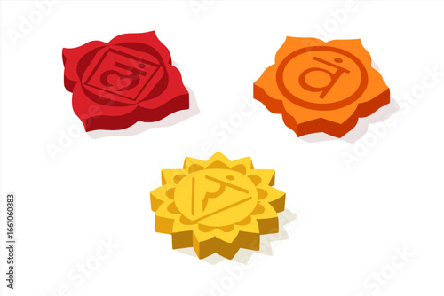 Isometric Chakra Icons Set Red Root Swadhisthana Sacral Yellow Solar Plexus Energy Centers Vector Yoga Meditation Symbol Spiritual Balance Eastern Philosophy Wellness Design Illustration