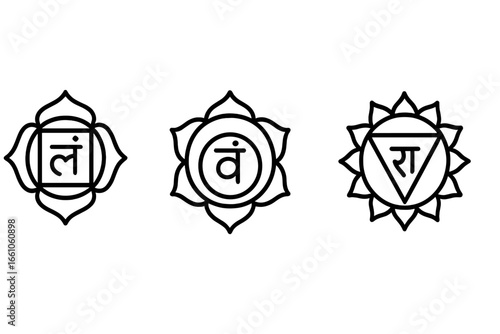 Chakra Symbol Icon Set. Vector illustration of root, sacral, and solar plexus chakra symbols. Yoga meditation, spirituality, energy balance, Hindu and Buddhist culture, healing, mandala art