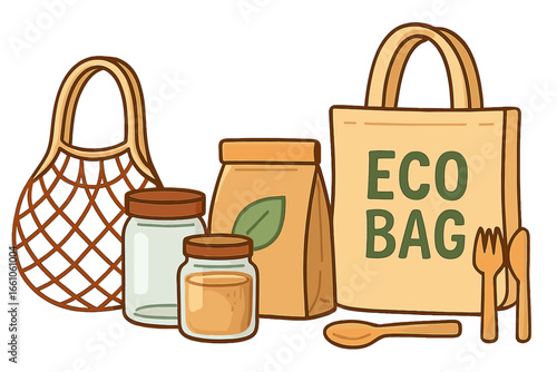 Eco friendly packaging collection. Reusable items for sustainable living. Zero waste concept vector illustration. Plastic free life with tote bag, glass jars, and wooden cutlery.