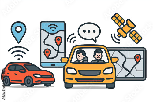 Connected car communication technology. Smart vehicle with GPS navigation and location tracking. Satellite and wireless connection for autonomous driving concept. Vector illustration.