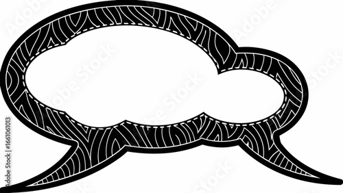 Illustration of a black outlined speech bubble with decorative white lines and a white interior space silhouette