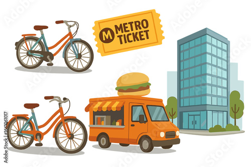 Urban transportation city vector illustration with bicycles, metro ticket, food truck, modern office building. Commuting, lifestyle, mobility options, bike sharing, public transit, street food.