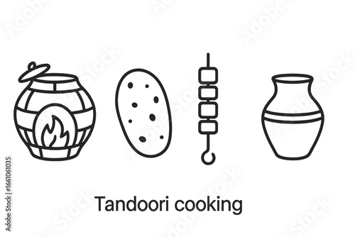Tandoori clay oven cooking icons set. Outline tandoor oven, naan bread, kebab skewer, clay pot. Indian food, traditional Asian cuisine, grill, restaurant, vector illustration, isolated design