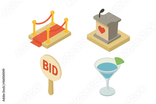 Isometric Charity Gala Event Icons Set. Red Carpet, Stage Podium with Microphone and Heart, Auction Paddle Bid Sign, Cocktail Glass with Lime. Vector Illustration for Fundraiser, Benefit