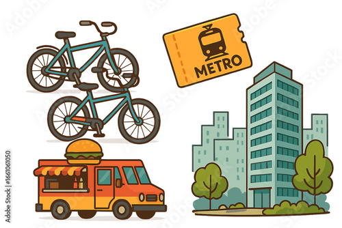 Modern Urban Transportation and City Life Concept. Cartoon Vector Illustration Featuring Bicycles, Metro Ticket, Food Truck, High-Rise Apartment Building, Trees, and Green Spaces in Vibrant Cityscape.