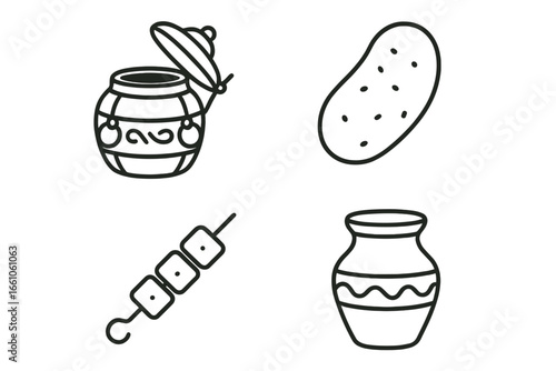 Tandoori cooking icons set. Outline vector collection of traditional Indian tandoor clay oven, open tandoor, naan bread, skewered kebab, clay pot for Asian cuisine, isolated transparent background
