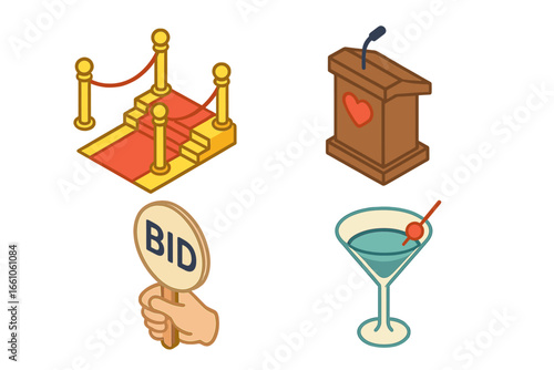 Isometric Charity Gala Event Vector Icons Set. Red Carpet Entrance, Auction Paddle, Speech Podium, Cocktail Glass. Fundraiser, Benefit, Social Gathering, Nonprofit, Elegant Party Concept