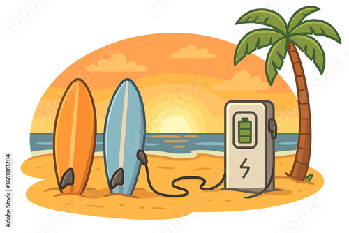 Electric surfboards with charging station on the beach during summer sunset. E-surf concept, future of water sports. Renewable green energy technology idea. Vector illustration.