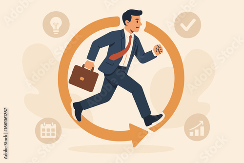 Businessman running in dynamic workflow, daily routine, agile development procedure, working efficiency, disciplined habits, process to success concept, productivity improvement
