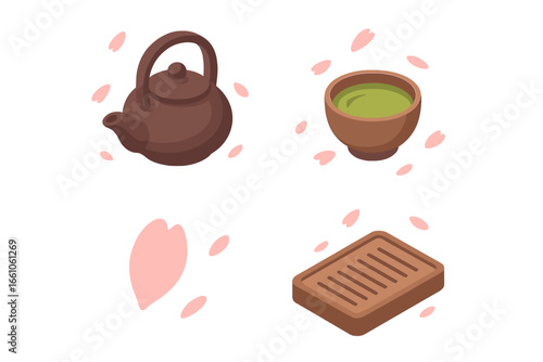 Isometric vector set of Japanese tea ceremony icons. Teapot, matcha tea bowl, tea tray, sakura cherry blossom petals. Flat design illustration for Asian culture, tradition, food and drink concepts.