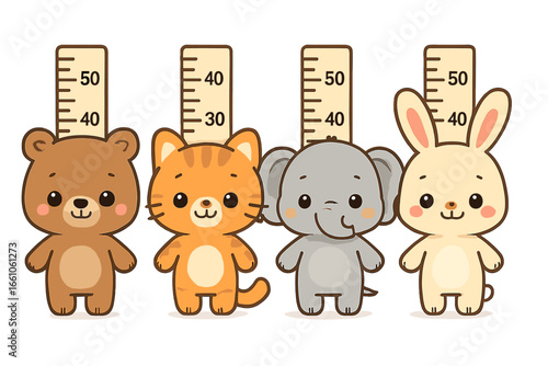 Cute animal height chart. Kawaii cartoon characters measure growth. Bear, cat, elephant, rabbit on a stadiometer. Kids metric ruler vector illustration set for children's design.