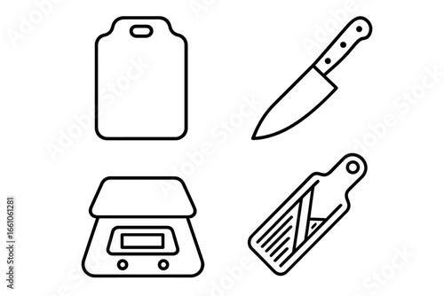Essential Chef Tools Vector Set. Outline Icon Collection of Professional Kitchen Equipment Including Cutting Board, Chef Knife, Digital Scale, Mandoline Slicer. Culinary Utensils Illustration