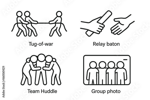 Team building activity icons set. Outline vector illustration of group bonding, teamwork, cooperation, unity, collaboration, tug-of-war, relay baton race, team huddle, group photo, people interaction.