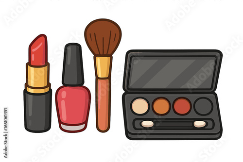 Set of makeup tools vector icon. Lipstick, nail polish, brush, eyeshadow palette. Beauty products concept. Cosmetics, glamour, fashion, manicure, care, make-up artist symbol.