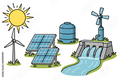 Renewable energy set with solar panels, wind turbine, hydroelectric dam. Green power concept for water management and sustainability. Clean electricity sources vector illustration.
