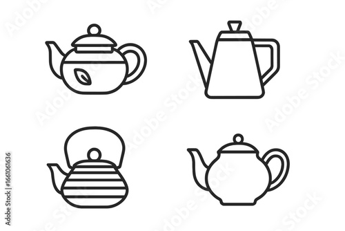 Outline Icon Collection of Modern Teapots Featuring Glass, Drip, Cast Iron, Ceramic Designs. Elegant Vector Set of Teapot Illustrations for Cafe, Tea Ceremony, Kitchen Decor, Beverage Branding.