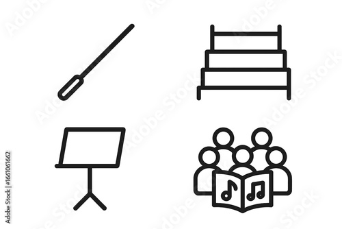 Choir Performance Icon Set. Outline Vector Collection of Choir and Ensemble Elements Including Conductor Baton, Choir Risers, Music Stand, Group of Singers, Musical Performance Symbols