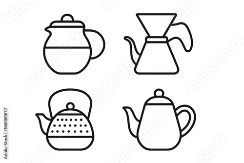 Modern teapot icon collection. Outline vector set of glass teapot, drip coffee pot, cast iron teapot, ceramic teapot. Minimalist kitchen utensils, tea ceremony, cafe menu, beverage shop graphic.