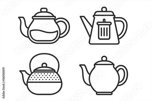 Modern Teapot Icon Set Collection. Outline vector illustration of glass teapot, drip teapot, cast iron teapot, ceramic teapot. Minimalist kitchenware, beverage utensils, hot drink pot collection.